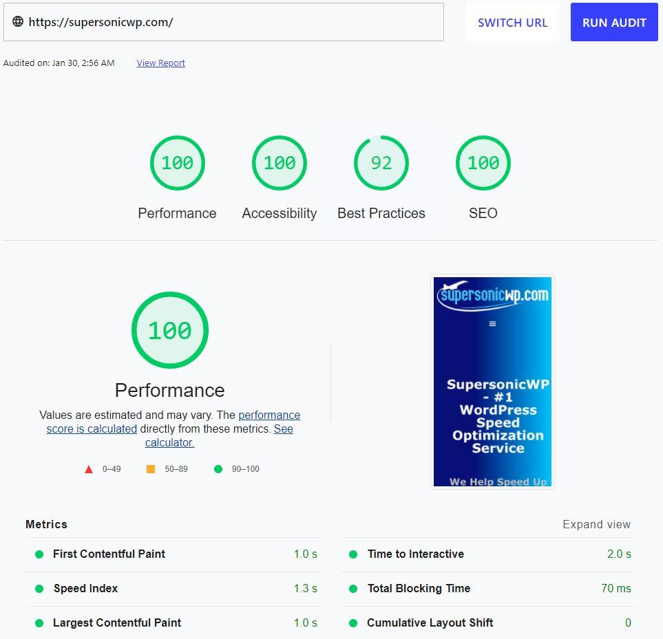 Supersonic.com test scores on PageSpeed Insights